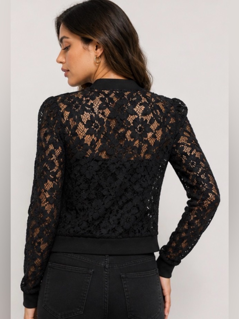 BCBG Max Azria Black Lace Jacket Zip Front Sheer Floral Overlay Medium - Picture 2 of 7